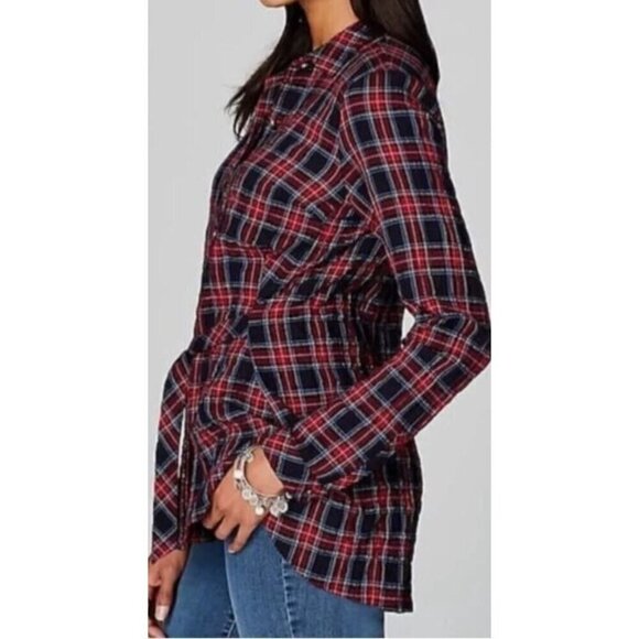 J Jill Top Womens Medium Black Multicolor Plaid Tie Front Button Front Preppy - Picture 6 of 10